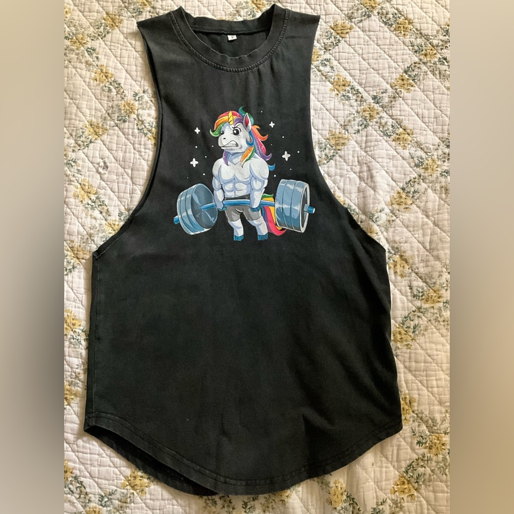 Black Muscle Tee with Unicorn Graphic